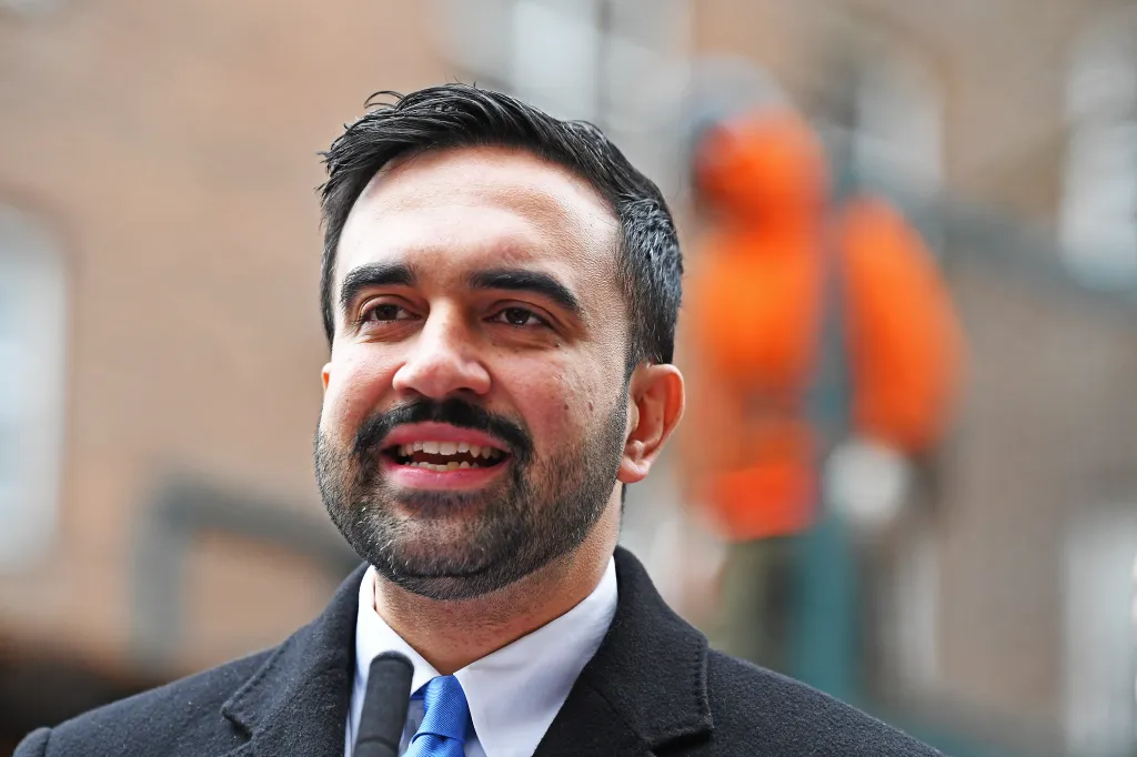 NYC Mayor Zohran Mamdani speaking at a press conference to announce plans to dismantle scaffolding.