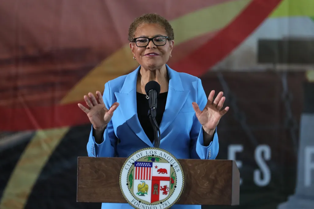 Los Angeles Mayor Karen Bass speaking at a podium during her State of the City address.