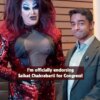 A drag queen in a red sequined dress endorsing Saikat Chakrabarti for Congress.