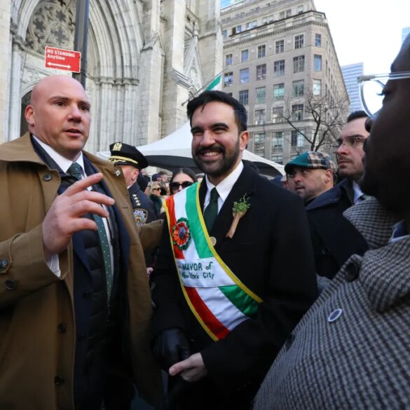 NYC Mayor Zohran Mamdani arrives at St. Patrick's Cathedral during the annual St. Patrick's Day Parade on March 17, 2026.