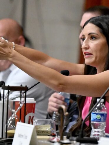 Chino Valley Unified School District President Sonja Shaw speaking at a school board meeting.