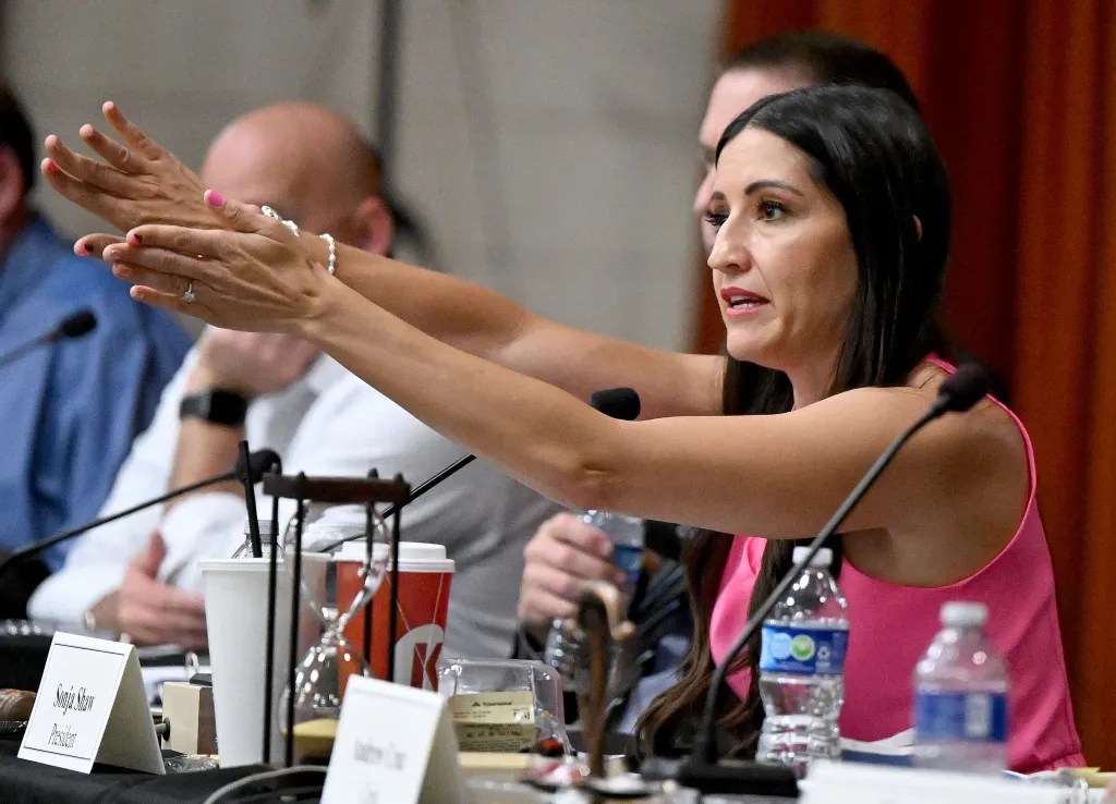 Chino Valley Unified School District President Sonja Shaw speaking at a school board meeting.