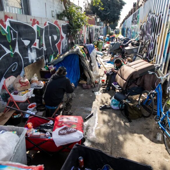 People sit among their belongings at an encampment in an alley.