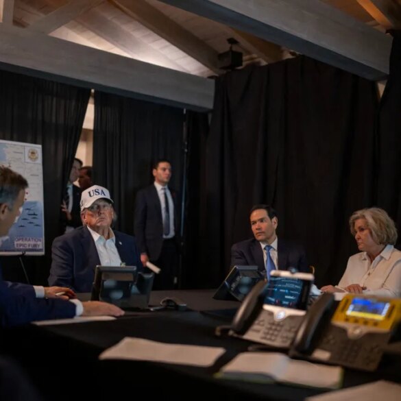 President Trump and cabinet members monitoring the beginning of Operation Epic Fury from Mar-a-Lago on Feb. 28, 2026.