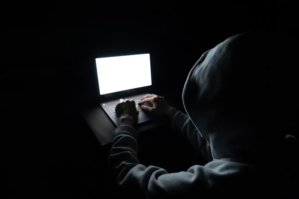 A hooded figure typing on a laptop with a bright white screen in a dark room.