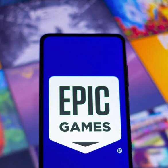 Illustration of the Epic Games logo displayed on a smartphone.