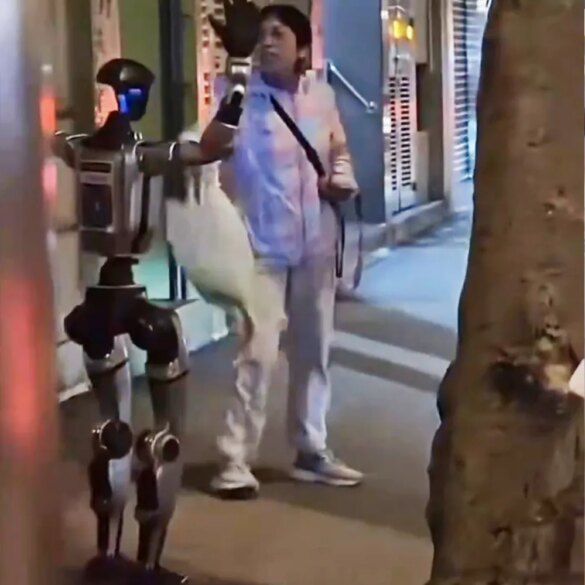 A robot, with its right arm raised, stands next to a person in light clothing, as if being escorted on a street.