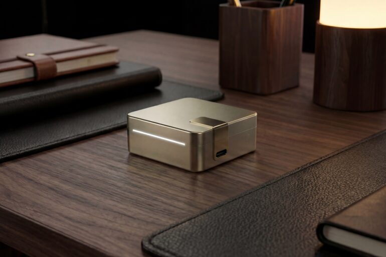 Ultrahuman Ring Pro charging case on a desk