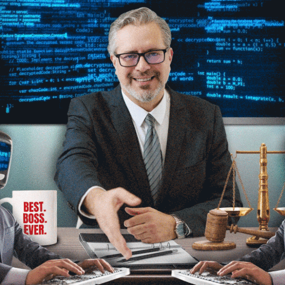 Illustration of a man shaking hands with a robot, symbolizing AI in law.