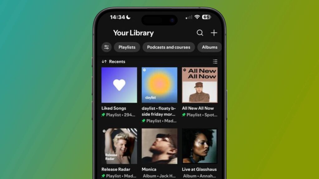 An iPhone showing the Spotify Library interface