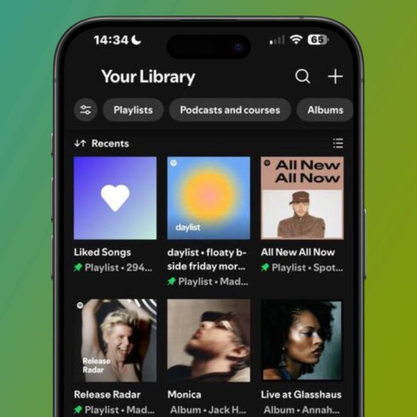 An iPhone showing the Spotify Library interface