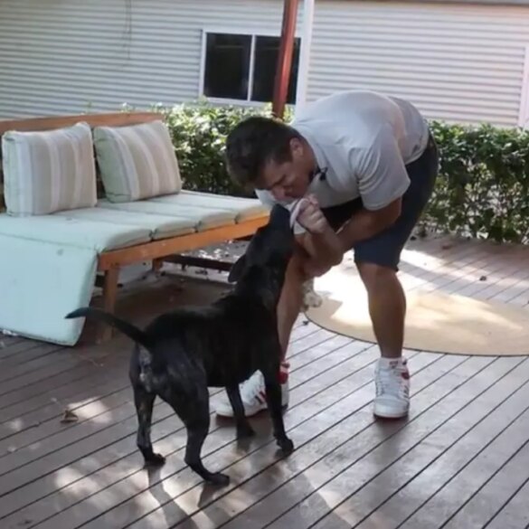 A man playing with his dog on a wooden deck.